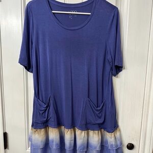 LOGO by Lori Goldstein Blue and Cream Short Sleeve Top